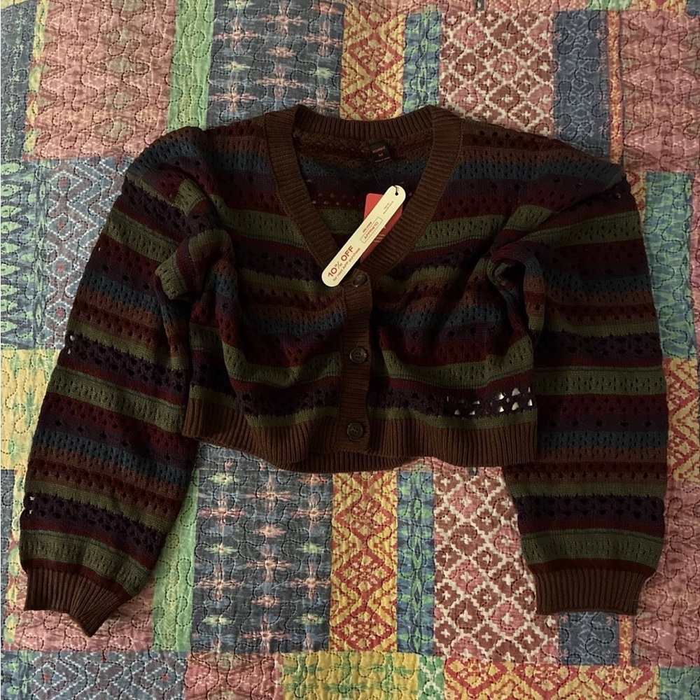 ROMWE Cropped Striped Knit Cardigan - Brown, Olive, Maroon